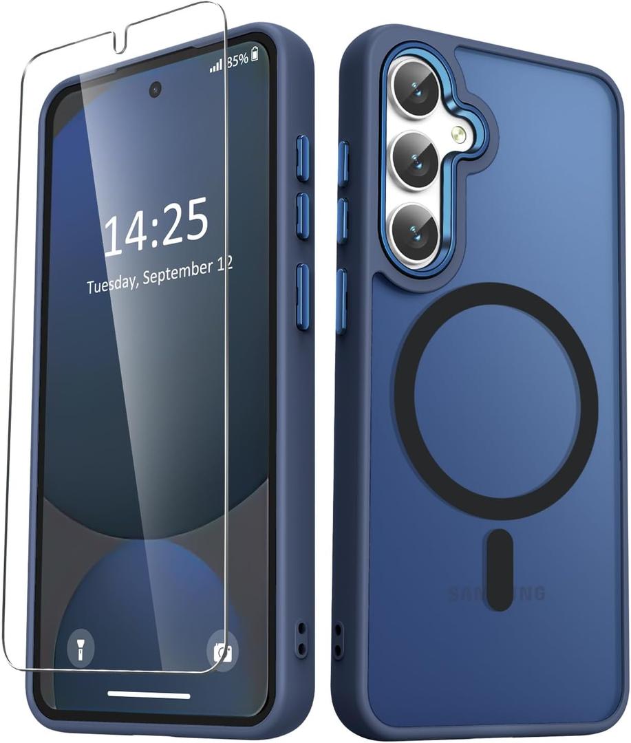 for Samsung Galaxy S25 Case, Matte Magnetic Phone Case with 1 Screen Protector, Support for Magsafe, Translucent Frosted Shockproof Protective Cover for Samsung Galaxy S25, Navy Blue