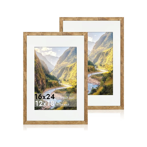 16x24 Picture Frame Set of 2 with Plexiglass, Display 12x18 Picture with Mat or 16 x 24 Without Mat, Rustic Brown Wood Poster Frame for Photo Wall Gallery Mounting Horizontal and Vertical