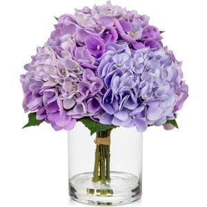 Hollyone Purple Hydrangea Artificial Flowers in Vase Latex Real Touch Large Faux Hydrangea Flowers Arrangements Hydrangeas Fake Flower with Glass Vase with Faux Water for Table Centerpiece Home Decor