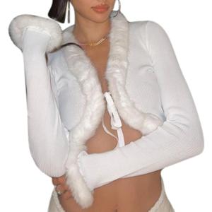 Women Y2K Long Sleeve Tie Front Blouse Fluffy Trim Collar Cuff Faux Fur Blouse (Large, White)