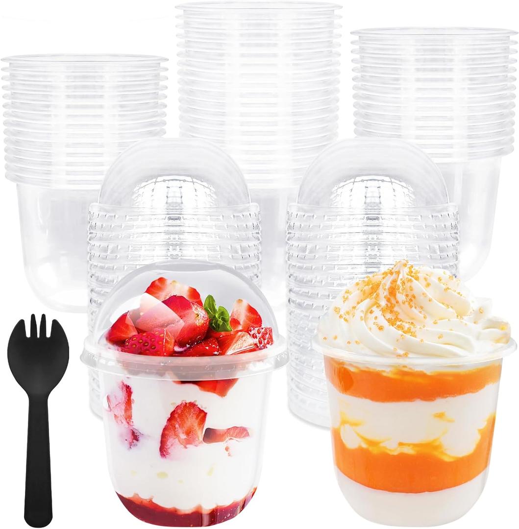 50 Pack 12oz Plastic Parfait Cups with Dome Lids, Yogurt Parfait Cups with Sporks, Clear Plastic Cup with Dome Lids(No Hole) for Yogurt, Dessert, Ice Cream, Cupcake, Snacks, Pudding, Fruits