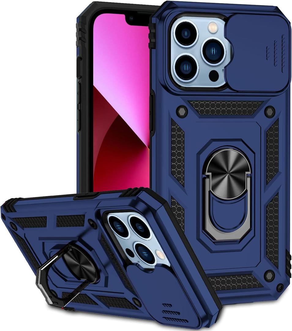 Phone Case for iPhone 13 Pro with Camera Lens Cover HD Screen Protector,Military Grade Ring Car Mount Kickstand Hybrid Hard PC Soft TPU Shockproof Protective Blue