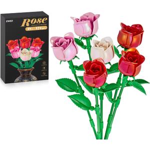 Rose Flower Bouquet Building Set 6-Pack, Thanksgiving Christmas Mother's Day or Valentine's Gifts Ideal for Women Girls Wife, Roses Toy Building Set Home Decor, Red & Pink & White (3 Red & 2 Pink & 1 White)