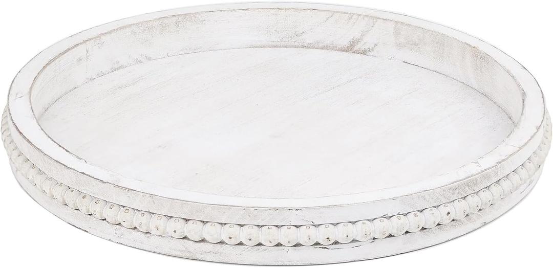Round Wood Serving Tray with Beads, White Washed Wooden Decorative Tray for Entertaining, Decoration, and Gifting (13")