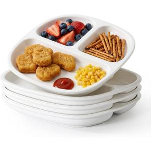 8.58" Square Ceramic Divided Plates Set of 4-3 Compartment Portion Control Plates for Kids, Bariatric Dinner Plates for Balanced Meal Prep, Microwave Dishwasher Oven Safe, White