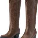 Rollda Cowboy Boots for Women Cowgirl Boots Embroidered Knee-High Western Boots Pointy Toe with Chunky Heel Bronze Size 8.5