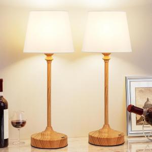 Kakanuo Cordless Table Lamps Rechargeable Set - 2 Pack Wooden 4000mAH Battery Operated Lamps for Decor, 3000K Stepless Dimming Touch Control Wireless Lamps for Bedroom, Dining Table (2 Pack 15.8in - Empire Shade)