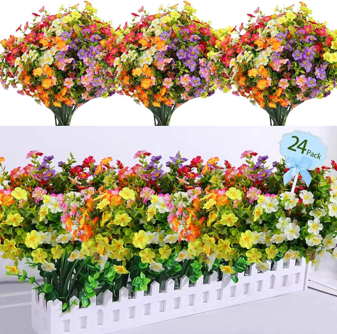 Tinsow Plastic Flowers Outdoor Flowers Silk Flowers Greenery Fake Faux Florals for Wedding Home Decor Window Box Garden Patio Hanging Planter (24, Multiple)