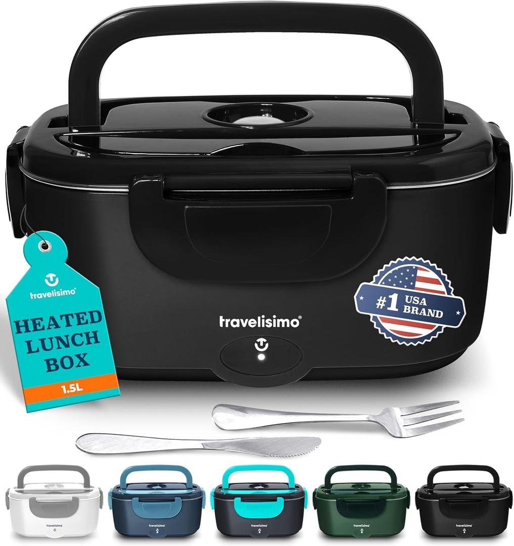 TRAVELISIMO Electric Lunch Box for Adults 100W Heated Lunch Box For Men 1.5L Stainless Steel Portable Food Warmer, 12/24/110V for Travel & Work, Loncheras Electricas Para Calentar Almuerzo (Black)