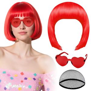 PLULON Red Bob Wig with Heart Sunglasses and Hair Cap, Colorful Short Bob Wigs Synthetic Party Wigs Funny Cosplay Hairpieces for Women Men Neon Bachelorette Halloween Costume Party Decorations