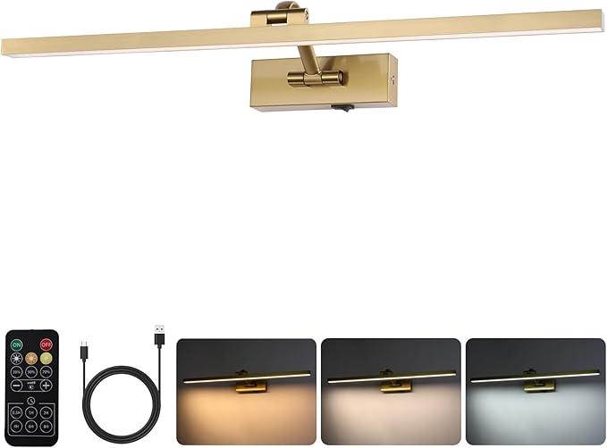 Wireless Picture Lights for Wall Battery Operated, Brass Art Lighting for Paintings Rechargeable Gallery lights with Remote and Timer 3CCT Dimmable Painting Lights for Artwork Portrait 23.6 inch