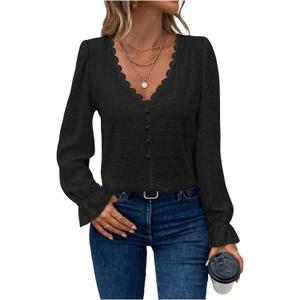 WDIRARA Women's Swiss Dots Lace Trim Blouse V Neck Long Sleeve Top (X-Large, Black)