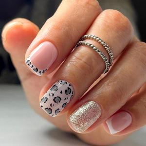 French Tip Press on Nails Short Square Fake Nails False Nails with Leopard Print Glitter Designs Cute Acrylic Nail Glossy Glue on Nail for Women Girls 24Pcs (Style31)