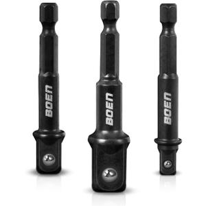 BOEN Impact Grade Socket Adapter Set, 3-PCS Drill Bit Adapter with Bit Holder, Sizes 1/4", 3/8", 1/2", 1/4-Inch SAE Hex Shank, Cr-V with Black Phosphate Finish