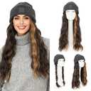 S-noilite Grey Beanie Wig Hat with Hair Attached for Women Knitted Beanie Wigs Winter Hats with 18" Beach Wavy Hair Extensions(26",#4P27 Brown Highlighted)