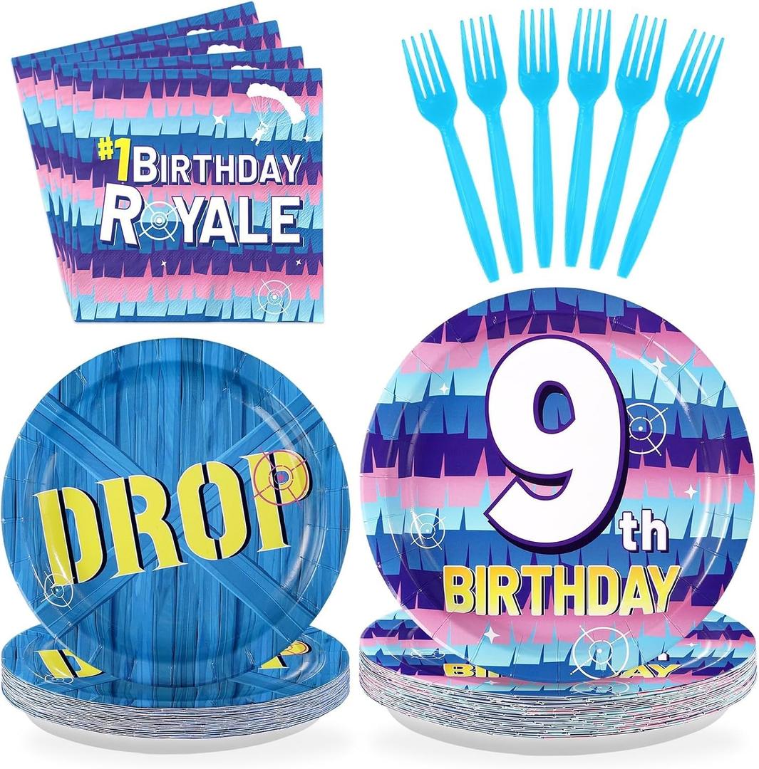 96Pcs 9th Video Game Birthday Party Supplies Happy 9th Game Theme Plates and Napkins Disposable Blue Drop Tableware Set for 9 Year Old Kids Boys Birthday Decorations Serves 24