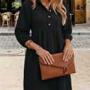 FENSACE Womens Casual Shirt Dress Puff Sleeve Button Down Shift Collared Neck Dresses with Pockets (Black, XL)