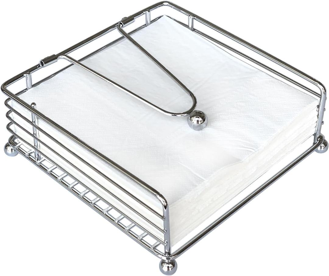Napkin Holder for Table, Flat Napkin Dispenser with Weighted Arm, Square Cocktail Paper Holder of Elegant Rustic Iron for Kitchen Dining Room Decor Restaurant Farmhouse Hotel Party, Silver