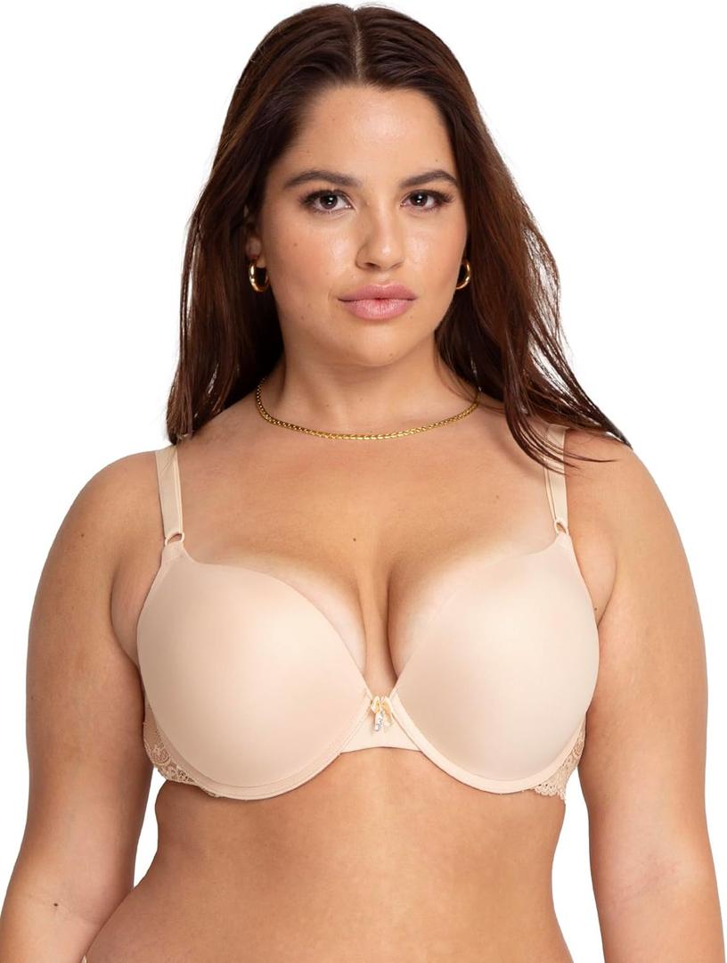 Smart & Sexy Women's Maximum Cleavage Underwire Push Up Bra (36C, In the Buff With Lace Wings)