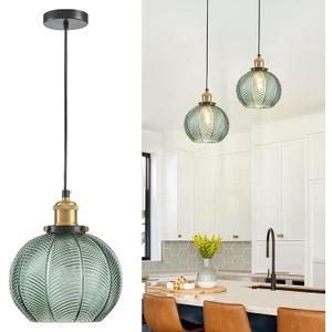 Vintage Pendant Light 1- Light Kitchen Sink Pendant Lights with Green Hand Blown Glass Small Hanging Lamp for Kitchen Island Dining Room Bedroom Bathroom Hallway E26, Green
