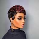 Pixie Cut Culry Human Hair Wig 1b/99j Color Short Pixie Cut Wigs for Black Women Glueless Pixie Curly Wig with Bangs Short Layered Brazilian Virgin Human Hair Wigs For Women (1b/99j)