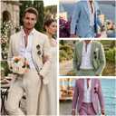 Beige Men's Linen Suit 2 Piece Slim Fit Summer Beach Wedding Dress Prom Party Suit Blazer Jacket and Pants (Green, M)