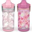 Zak Designs Unicorn Kid Water Bottle 2-Pack Set for Travel or At Home, 16oz Plastic is Durable and Leak-Proof with Silicone Spout, Cover, Carry Handle, Protective Base (Fanciful Unicorn, Flower Power)