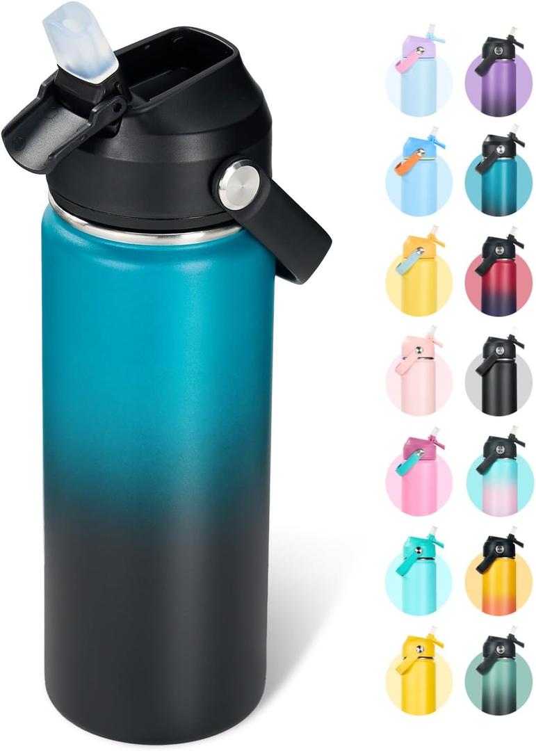 Fijinhom 18oz Insulated Stainless Steel Water Bottle, Wide Mouth Double Wall Vacuum, Silicone Straw, Sweat & Leak Proof, BPA Free Insulated Water Flask for Travel, Keep Cold 24h Hot 12h, Blue