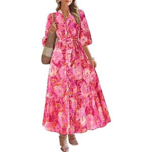 MASCOMODA Womens Floral Maxi Dresses Boho Summer Casual V Neck 3/4 Puff Sleeve Button Down Tie Waist Long Flowy Shirt Dress Size M, Rose Red Flower