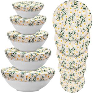 Patelai 10 Pcs Bowl Covers Reusable in 5 Size Stretch Cloth Fabric Elastic Food Storage Bowl Covers Bread Sourdough Lids for Proofing Food Fruits Leftover(Yellow, Green, White,Chrysanthemum)