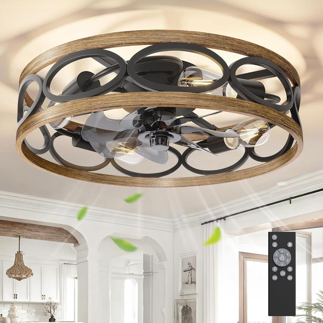 G-SAFAVA 20" Ceiling Fans with Lights and Remote, 6 Wind Speeds 3 Timing Quiet Flush Mount Low Profile Caged Ceiling Fan for Bedroom Living Room Kitchen, Farmhouse Reversible Ceiling Fan, Wood Grain