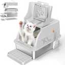 Stainless Steel Litter Box with Lid, 180 Flip-Top XL Extra Large Enclosed Litter Box for Big Cats, Front Entry Top Exit Kitty LitterBox, Metal Cat Box with Scoop & Step Board, Odor-Free, Anti-Leak