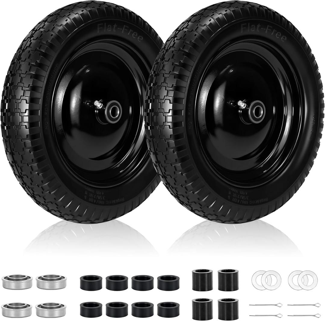 2 PCS, 4.80/4.00-8" Tire, 14.5" Flat Free Wheelbarrow Tire and Wheel with 5/8" & Extra 3/4" Bearings, Adjustable 3"-7" Centered Hub, Universal Fit 4.80/4.00-8, 4.00-6, 3.50/3.00-8 Wheelbarrow Wheels
