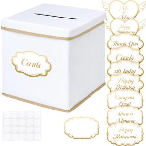WERNNSAI Card Box for Wedding - 10 x 10 inch Oxford Cloth Large Box Slot with Cards Stickers for Wedding, Party, Birthday, Graduations,Baby Shower, Raffle (White)