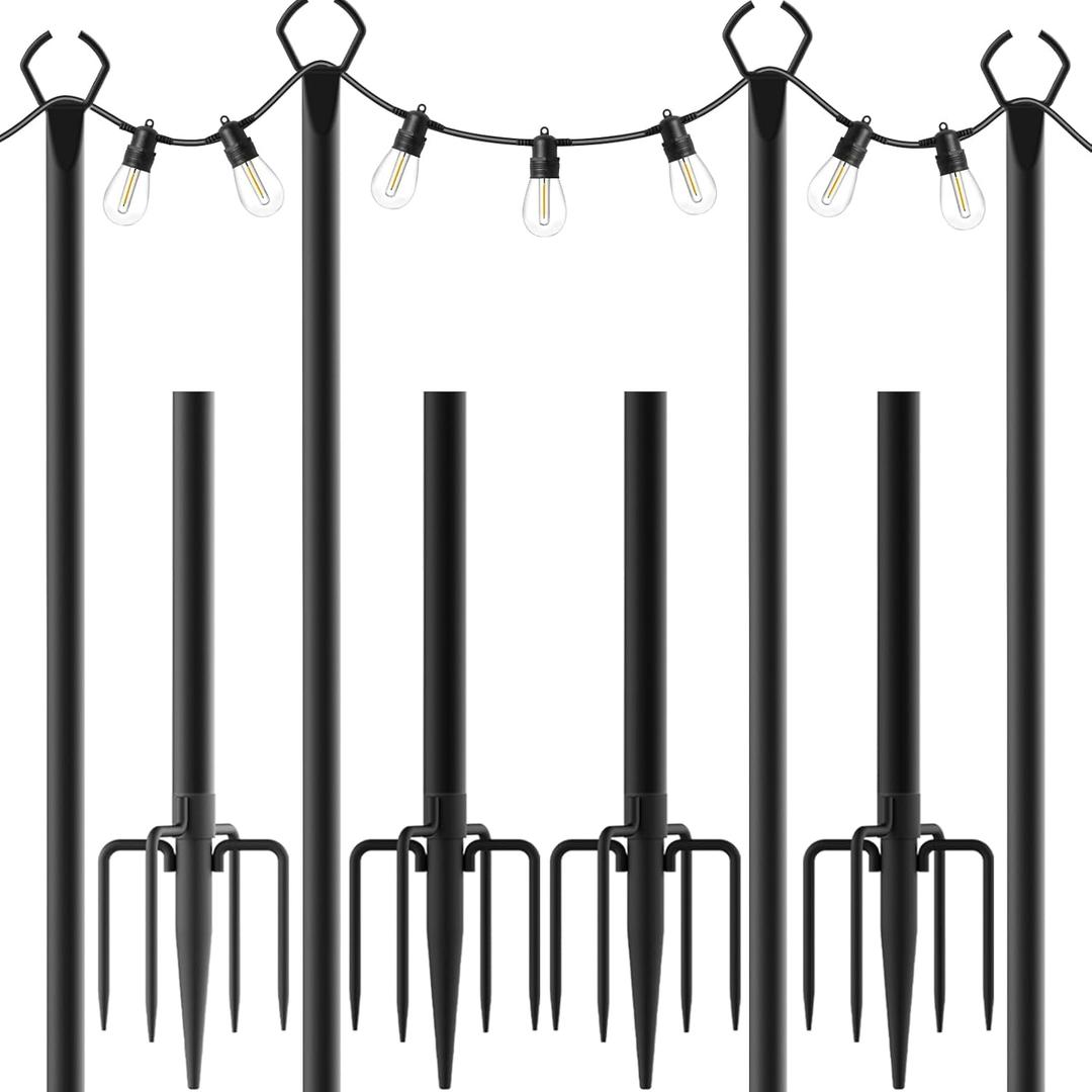 AILBTON 10Ft String Light Poles 4 Pack,Light Poles for Outside Lights,Outdoor with Fence Brackets Hanging Lights,Metal Stand Deck Patio Backyard