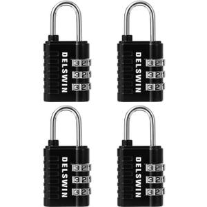 DELSWIN Combination Lock 3-Digit Small Padlock - 4Pcs Resettable Combo Lock for School Gym Locker, Outdoor, Fence, Gate, Waterproof Luggage Locks for Travel Backpack (Charcoal Black)