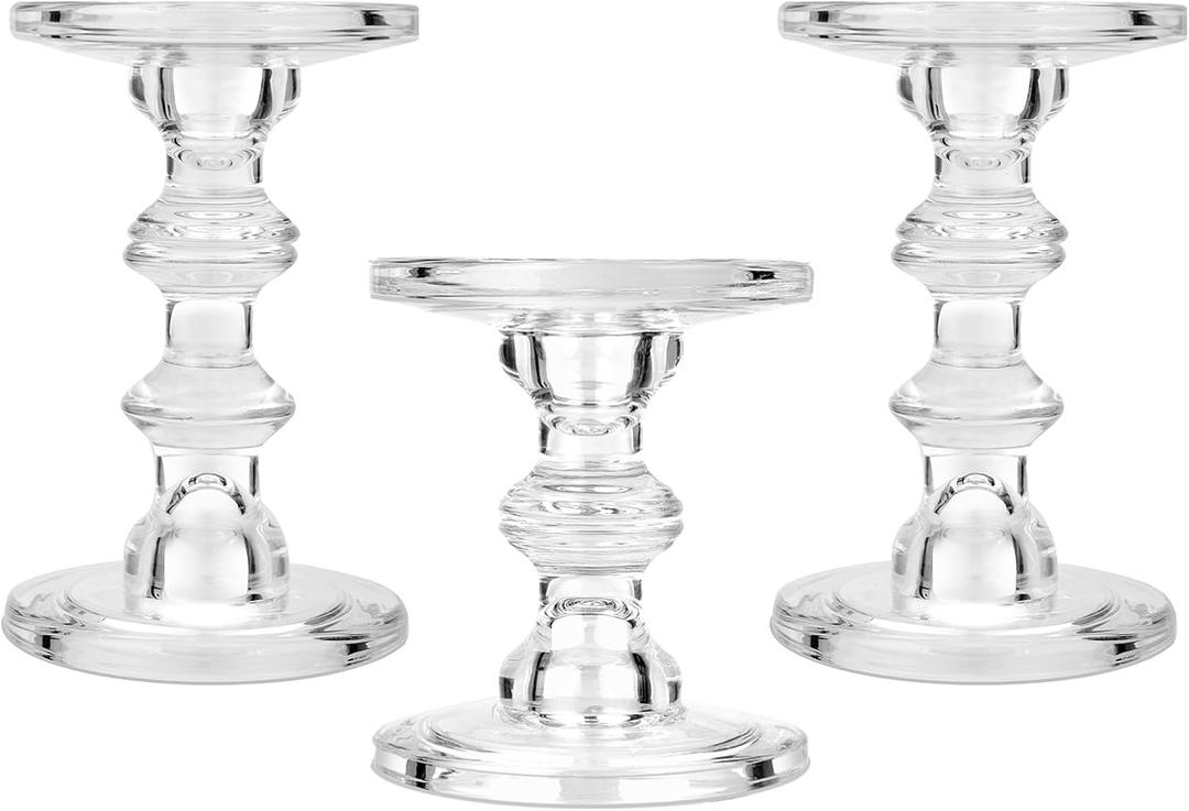 CHILL RECIPE Glass Candle Holder Set of 3, Big Heavy Tall Crystal Candlestick Holder for Pillar Candles Taper Candles, Christmas Decoration Wedding Table Dinning Church Centerpiece (Clear)