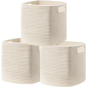 UBBCARE Set of 3 Cotton Rope Basket 11 X 10.5 X 10.5 Inches, Woven Storage Baskets for Shelves, Organizing with Handles, Cube Storage Bins for Storage Books, Magazines, Beige