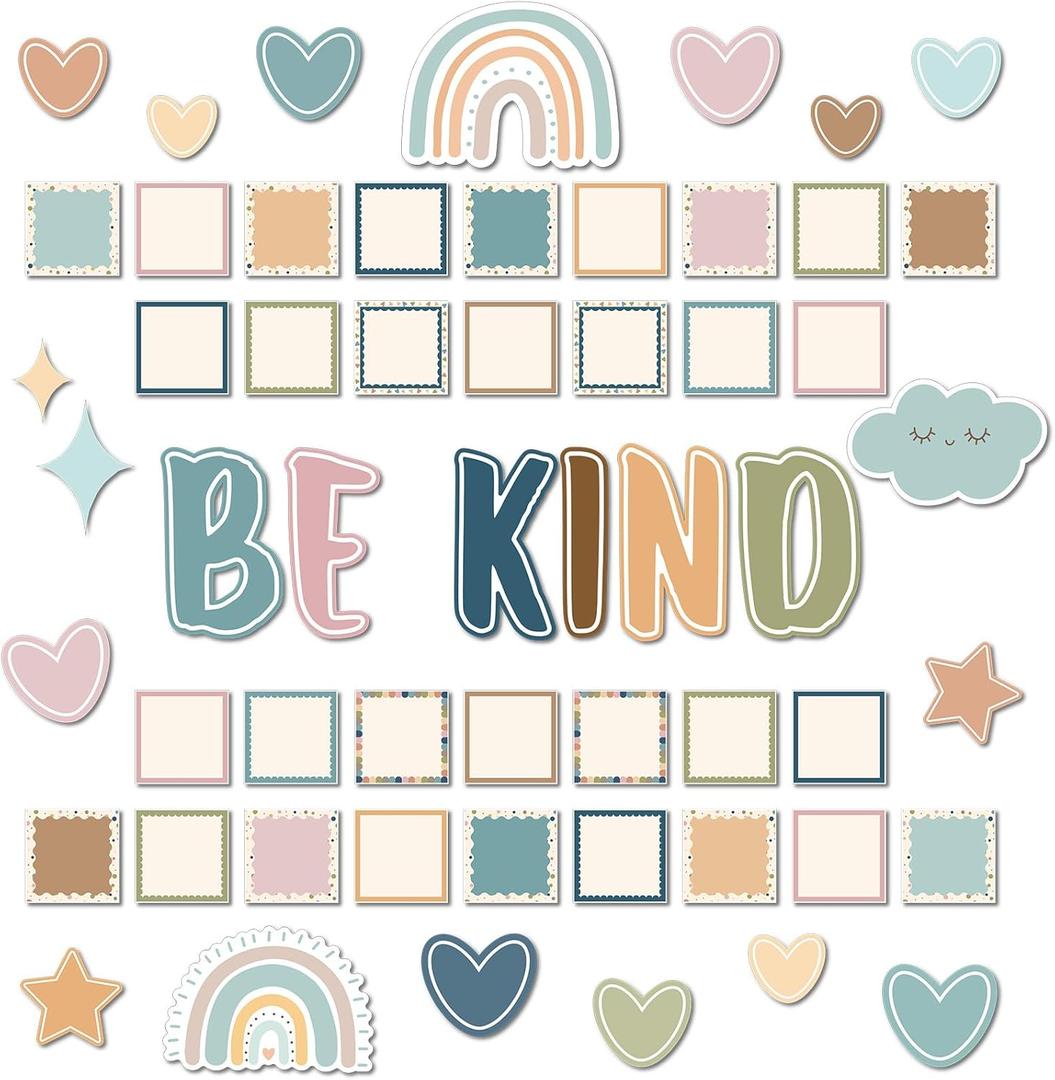 Boho Be Kind Bulletin Board Set Motivational Classroom Bulletin Board Decoration Boho Rainbow DIY Photos Crafts Cutouts for Back to School Nursery Kindergarten Office Home Chalkboard Wall Door Supply