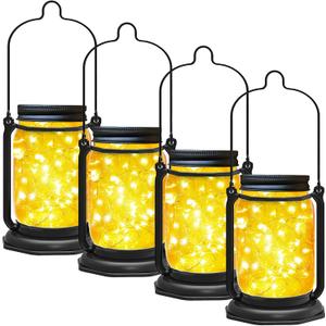 Solar Mason Jar Lights,4 Pack 30 Led Fairy Hanging Jar Lights,Solar Lanterns for Outdoor Patio Party Garden Wedding Decor Lights(Mason Jars/Handles Included)