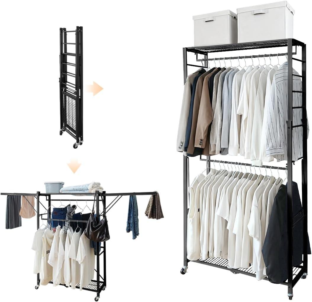 lumizone Folding Clothing Rack with Wheels Expandable Wardrobe Portable Clothes Rack for Hanging Clothes Adjustable Closet Shelves Garment Rack Durable Closet Racks for Hanging Clothes (Pro Black)