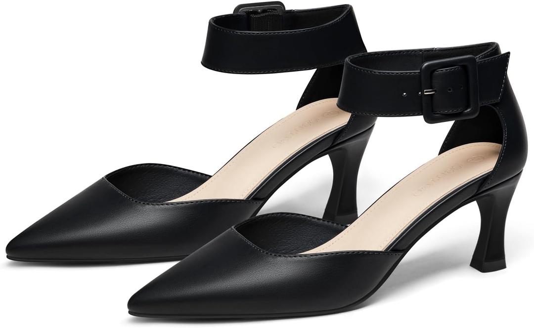 Coutgo Womens Kitten Low Heels Closed Pointed Toe Ankle Buckle Strap Pumps Suede Dress Wedding Shoes (7.5, Cool Black)