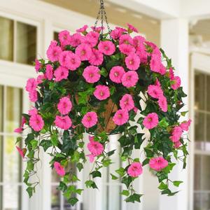 Waipfaru Artificial Hanging Baskets with Flowers, Fake Hanging Plants Outdoors, Urn Fillers for Outside Summer Decor (Fuchsia) (1 Pack)