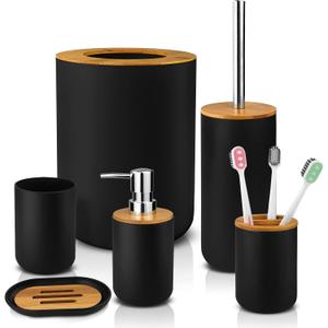 Hommtina Bamboo Bathroom Accessory Set, 6 Pcs bathroom essential Includes Toothbrush Cup, Toothbrush Holder, Soap Dispenser, Soap Dish, Toilet Brush with Holder, Trash Can, with 3 Toothbrushes (Black)