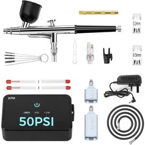50 PSI Airbrush Kit with Compressor, High Pressure Air Brush with 0.2/0.3/0.5mm Nozzle/Cleaning Sets, Dual-Action Airbrush for Painting, Modeling, Cake Decor, Nail Art, Makeup