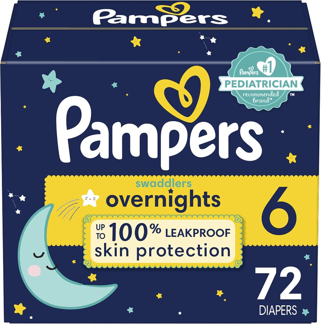 Pampers Overnight Diapers - Swaddlers Overnights - Size 6, 72 Count, Disposable Baby Diaper, Night Time Leak and Skin Protection