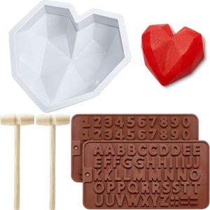 Silicone Heart Mold Diamond Heart Chocolate Mold 8.7 Inch ValentineS Day Diamond Silicone Molds Oven Safe Not Sticky Mould, Wooden Hammers Chocolate Molds for Valentine Candy Making(Brown)