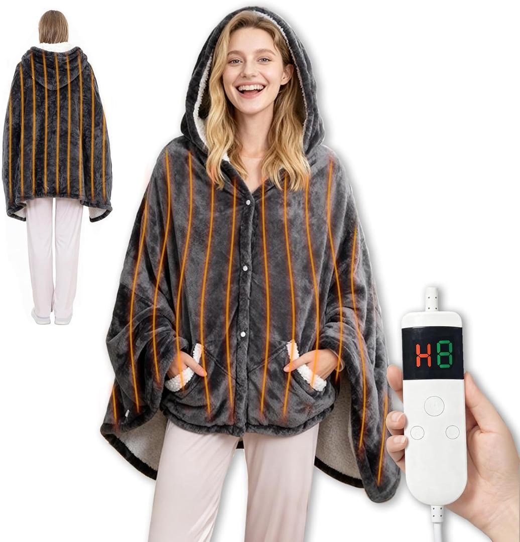 Qieryun Heated Blanket Wearable Electric Throw, Heated Robe Poncho Blanket Hoodie for Adult, Electric Heated Wrap Poncho Shawl with Pockets, 10 Heating Levels & 8 Hours Time Settings, 40'' X 70'' (Dark Gray)