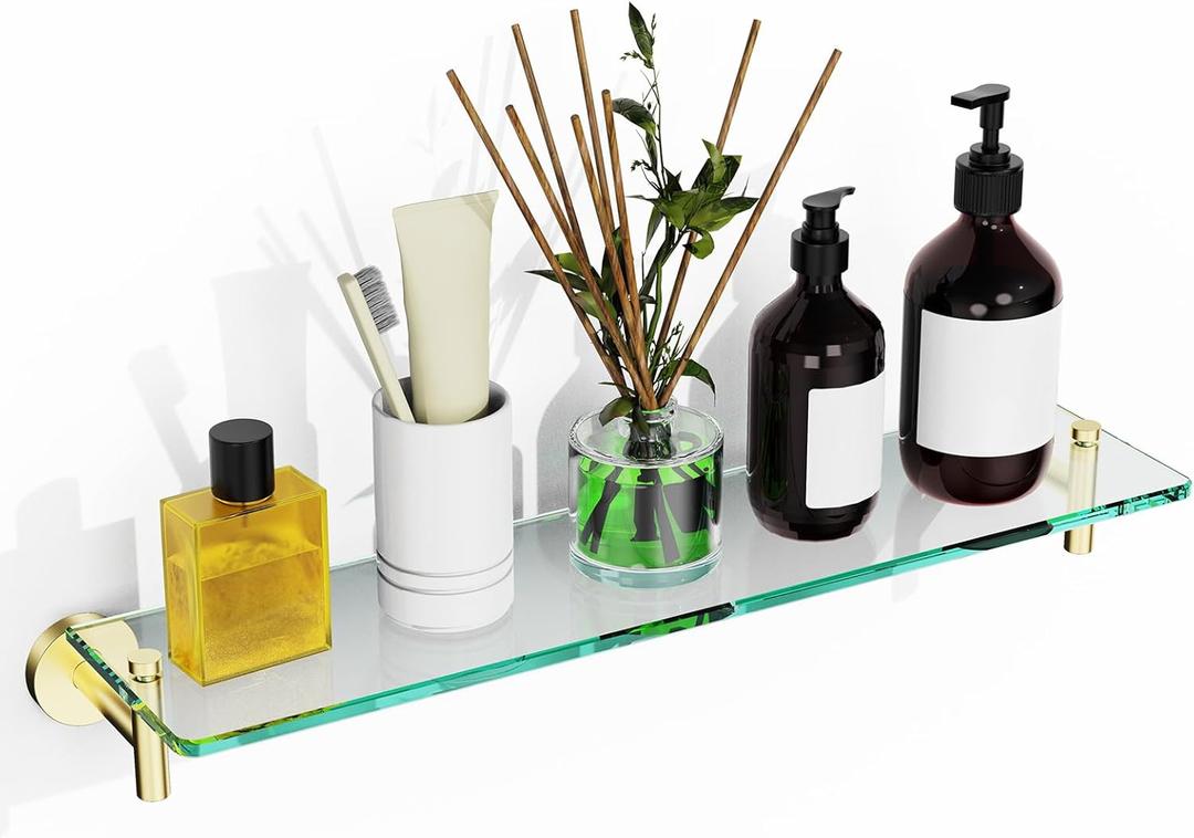 Glass Shelves for Bathroom,16-Inch Brushed Gold Floating Bathroom Shelf Stainless Steel Tempered Glass Shelf Modern Shelves Wall Mounted (16"without railing)