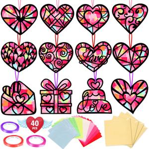 Renbuzhu 40PCS Valentines Day Crafts: Paper Heart Suncatchers, Christmas Valentine's Classroom DIY Kits, Window Stained Glass Effect Art Supplies